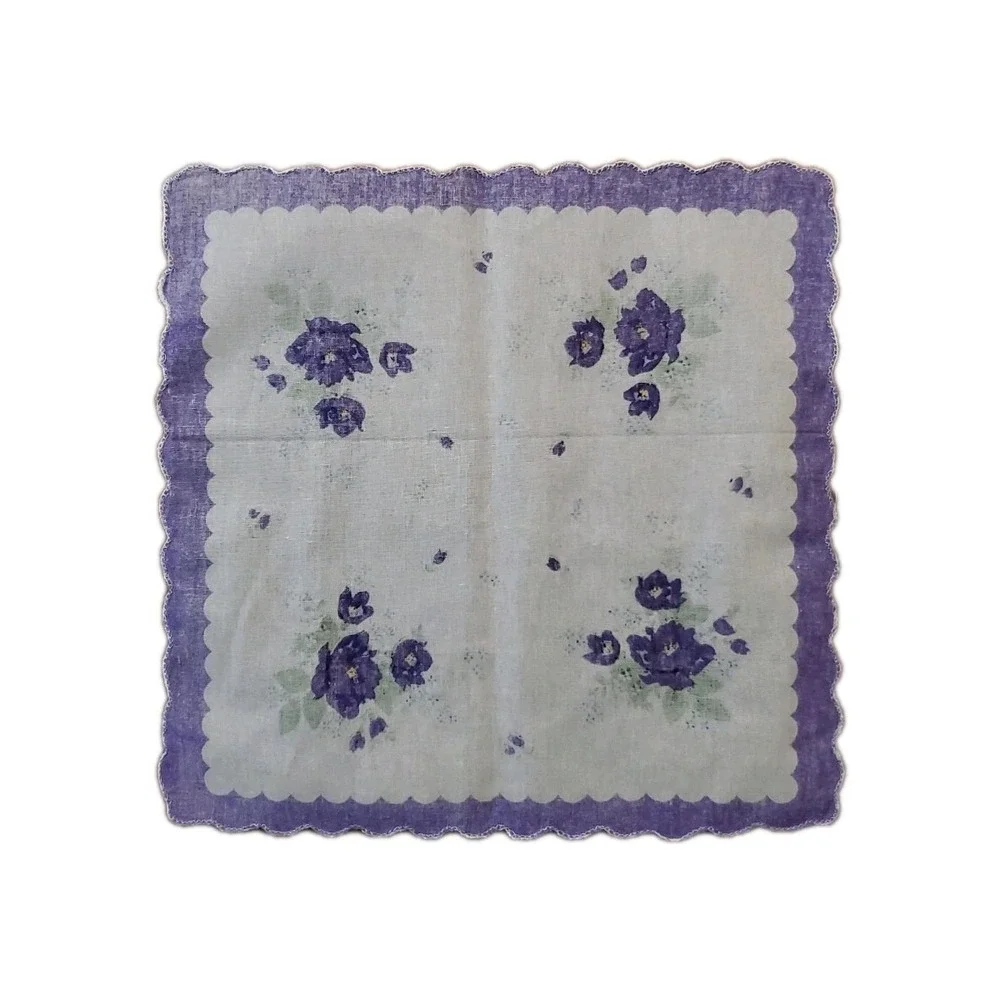 Linen Purple Poppies Floral Handkerchief Scalloped Cottage Core Bridesmaid